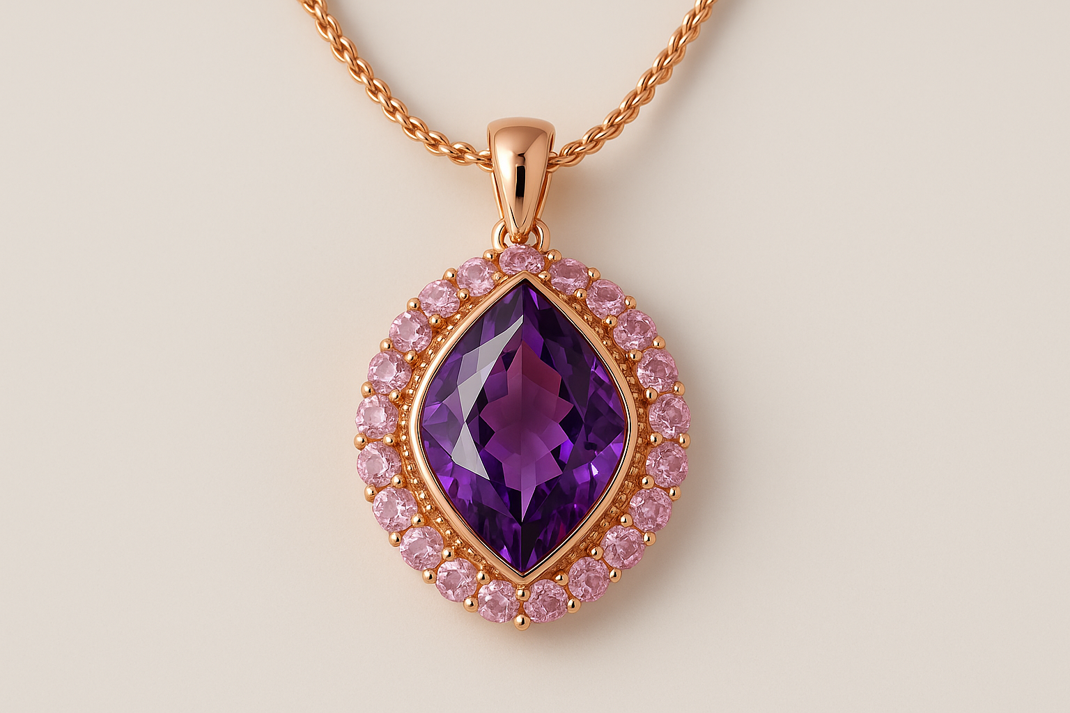 A pendant featuring a lozenge shaped amethyst gemstone inside a rose gold circle/halo of light pink sapphires, hanging on a rose gold rope style chain on a light background