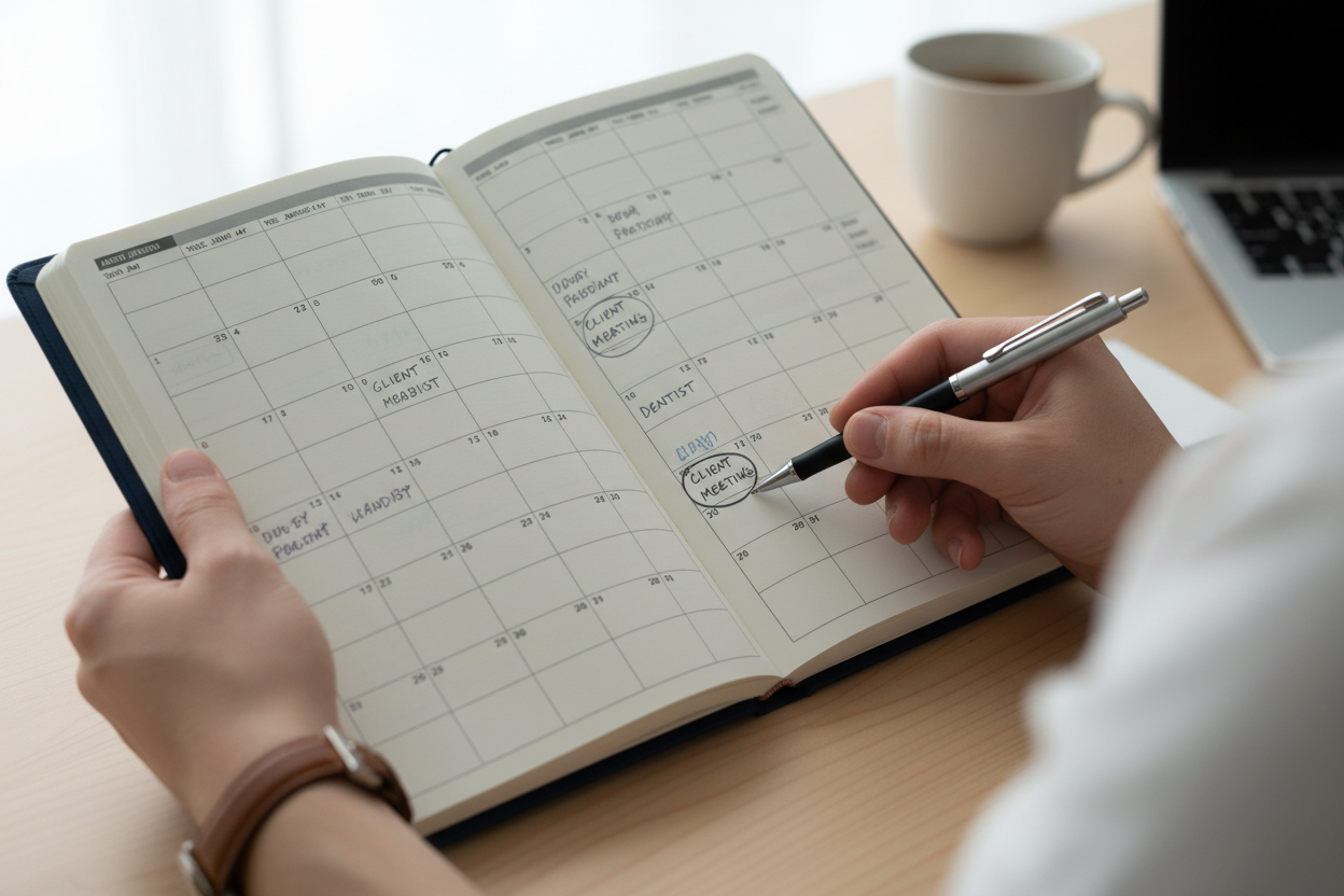 Hands holding a planner to reschedule an appointment