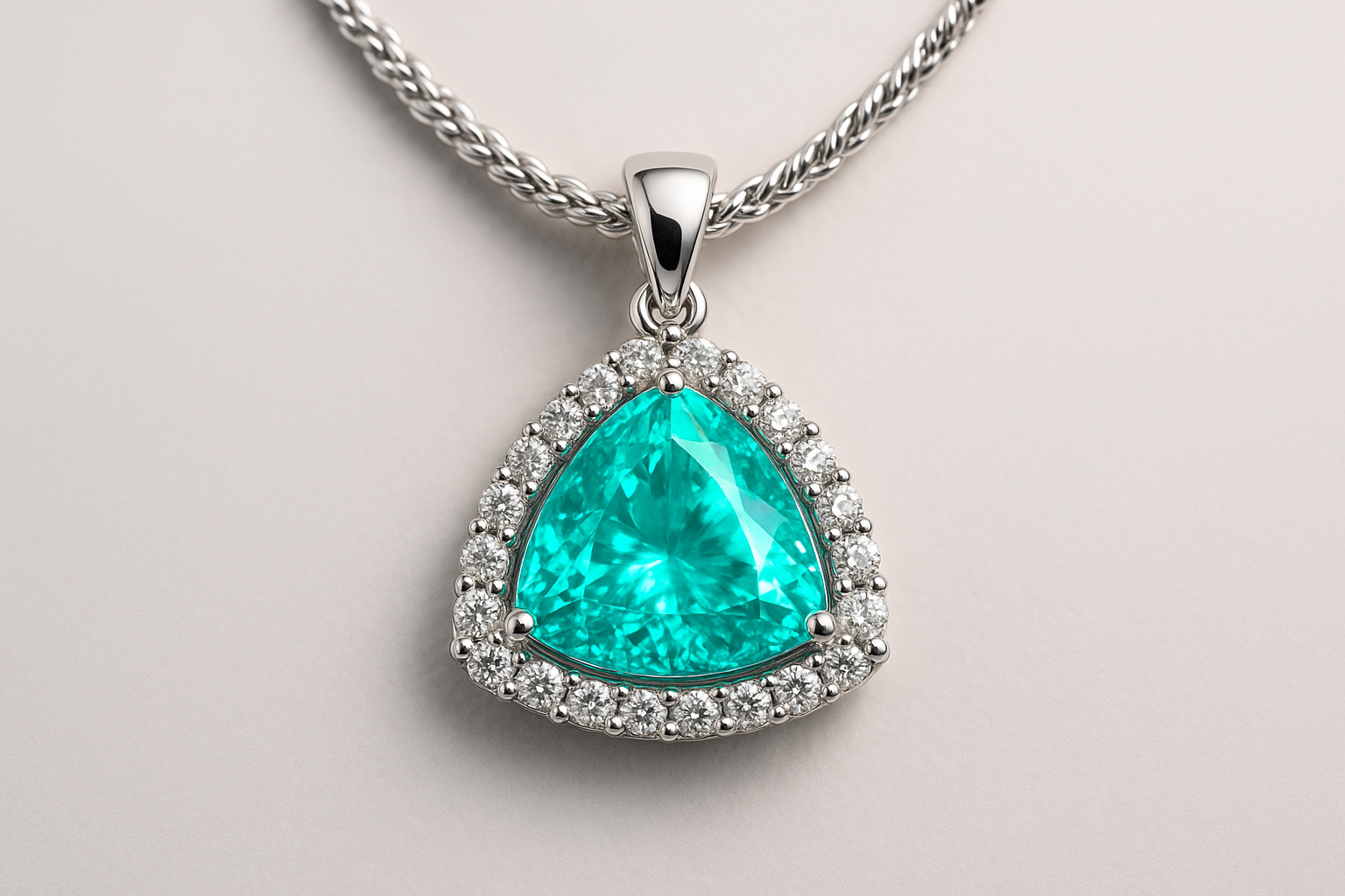 Trillion shaped Paraiba Tourmaline white gold pendant surrounded by a halo of diamonds, hanging on a rope style white gold chain on a light background 